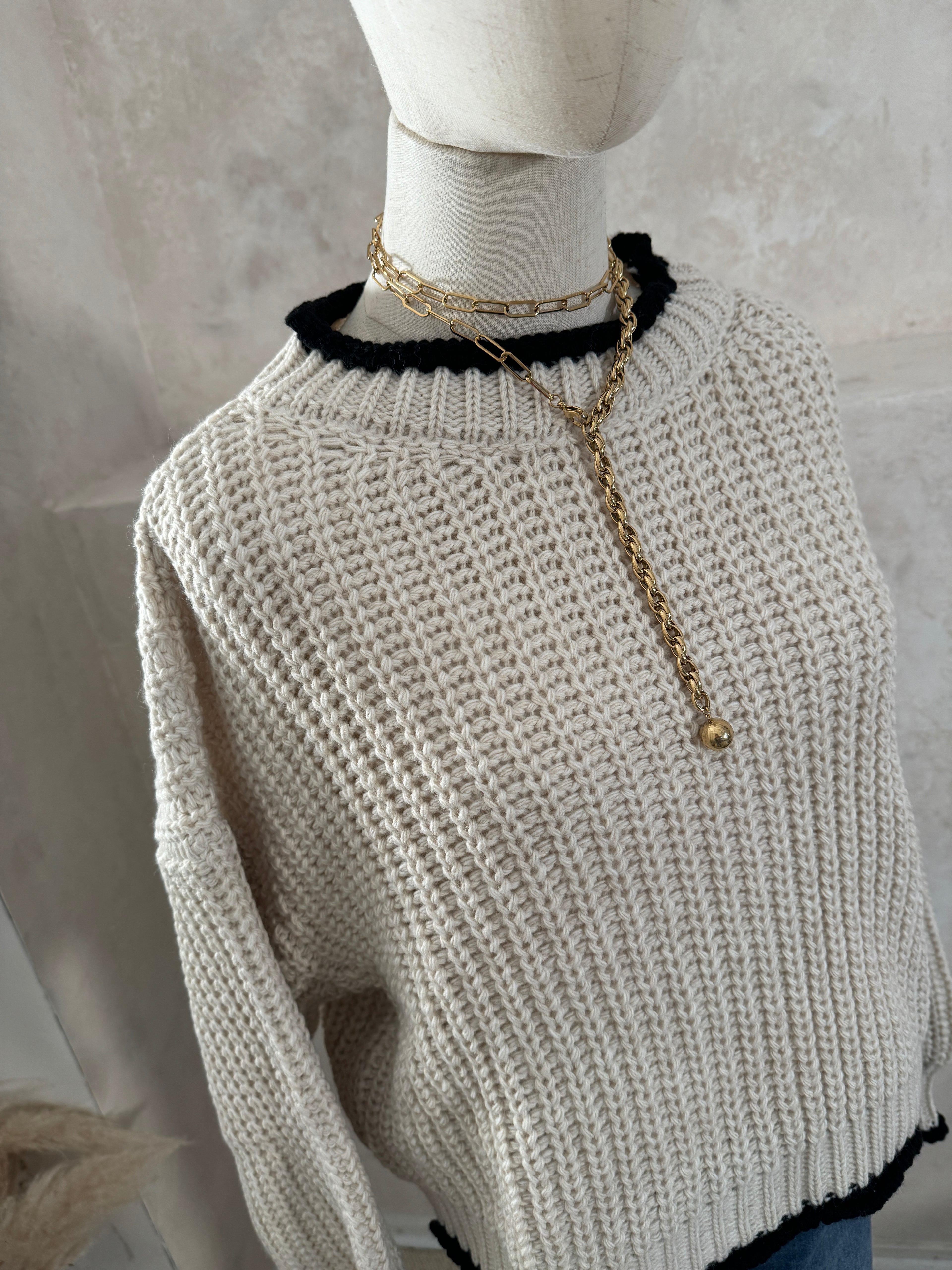 Strickpullover Grobstrick Creme Schwarz