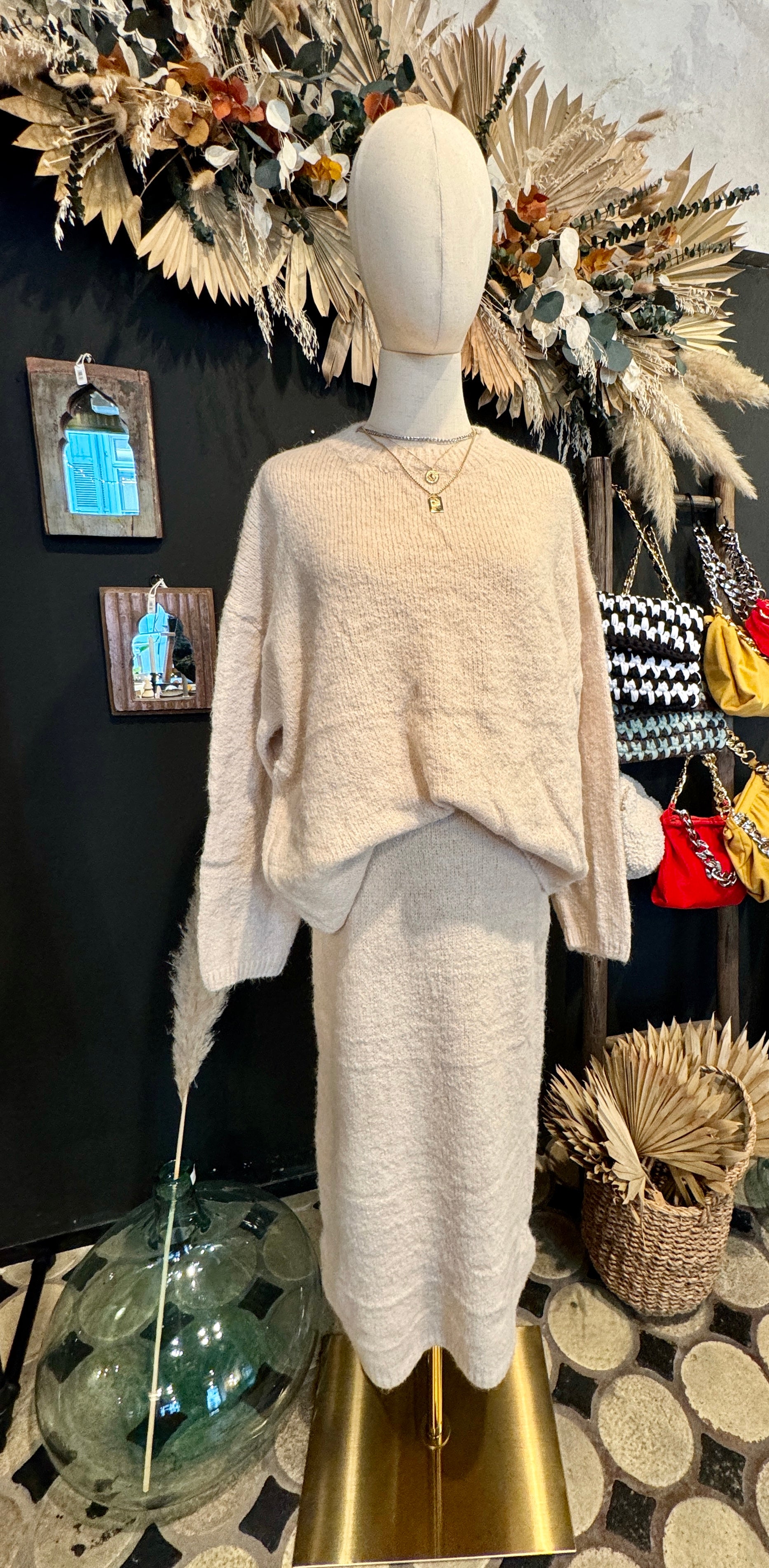 Strickpullover Beige mit Stehkragen