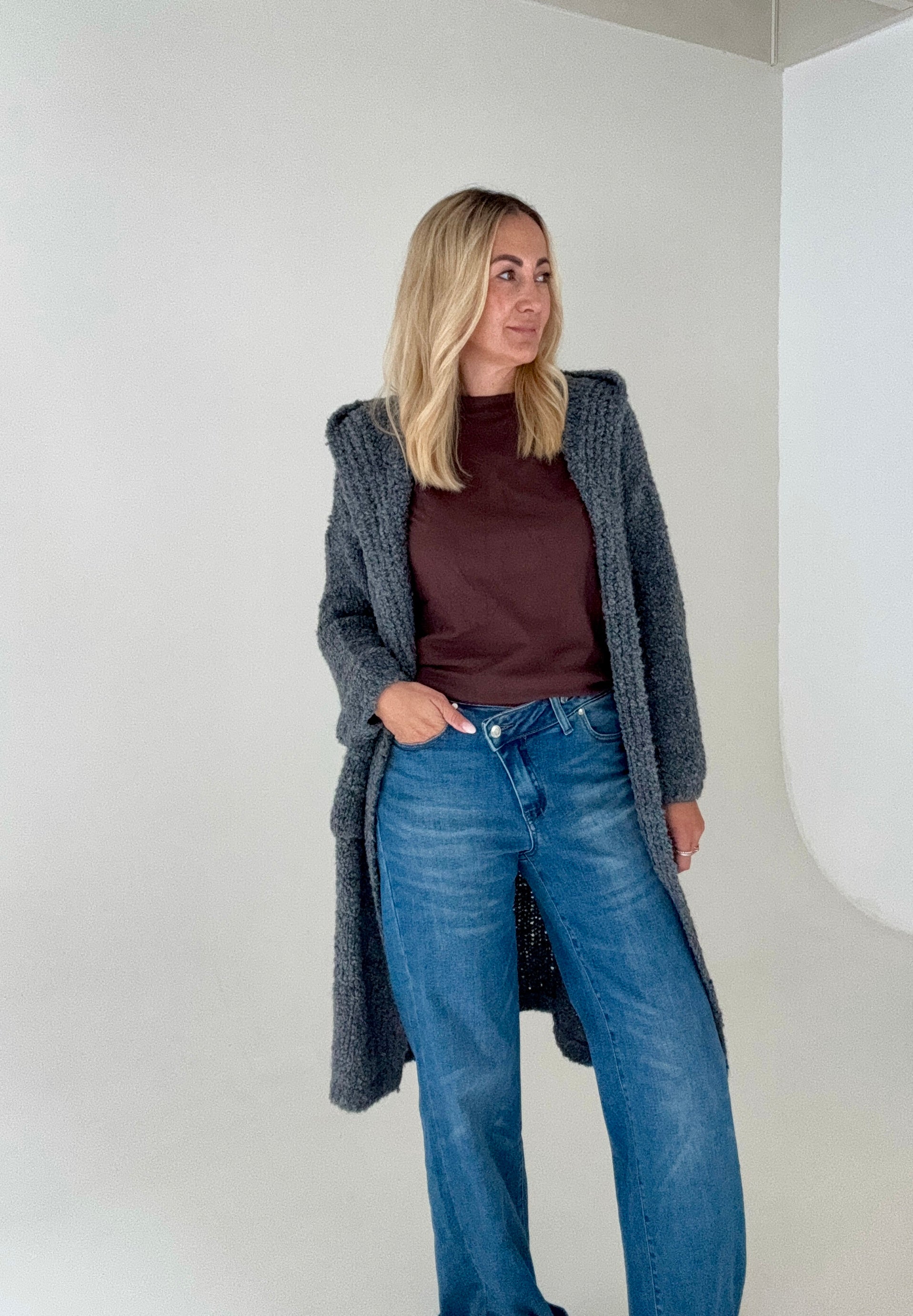 Damen Strickjacke Grau mit Kapuze