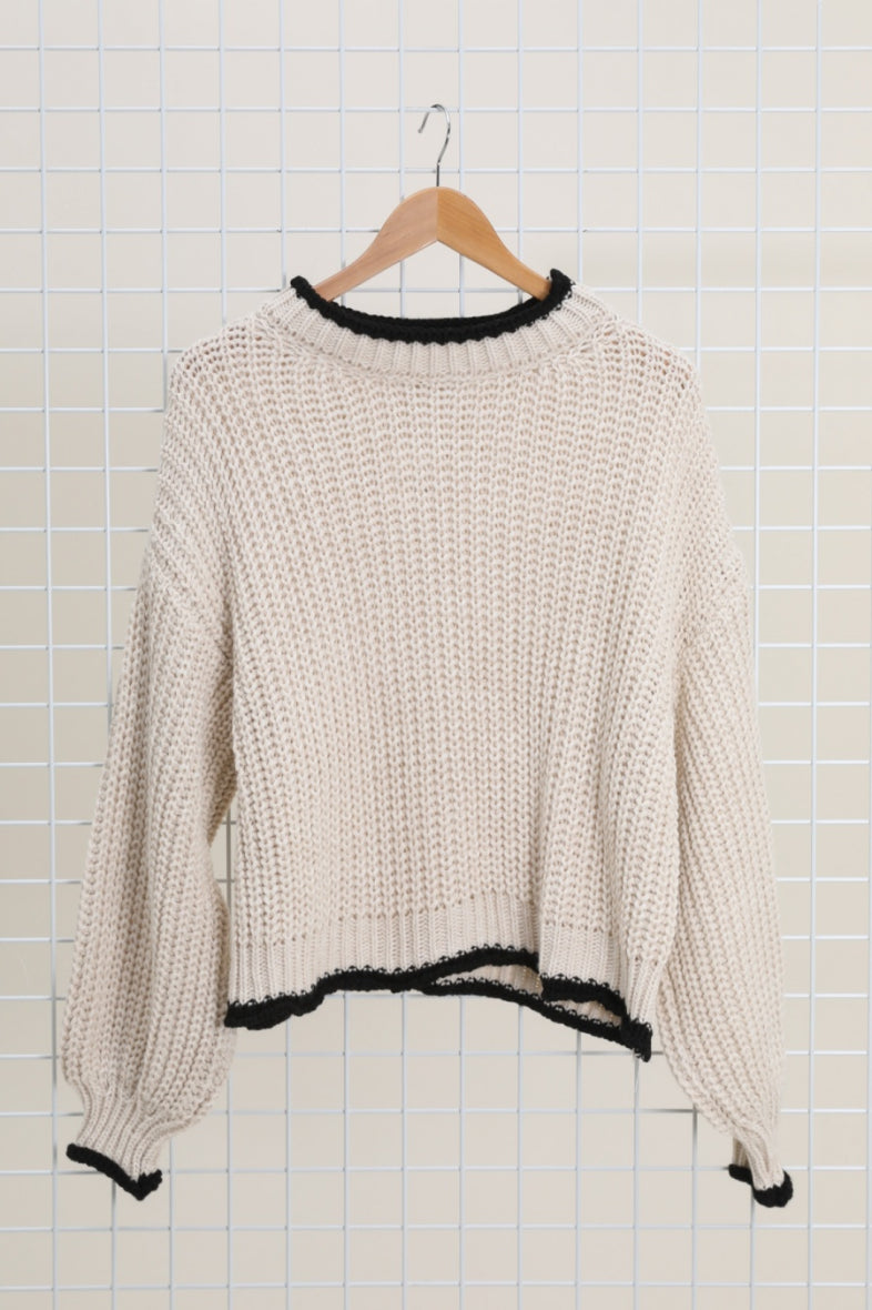 Strickpullover Grobstrick Creme Schwarz